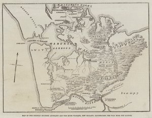 Az új-zélandi Auckland és a Waikato folyó közötti ország térképe, amely a bennszülöttekkel vívott háborút illusztrálja